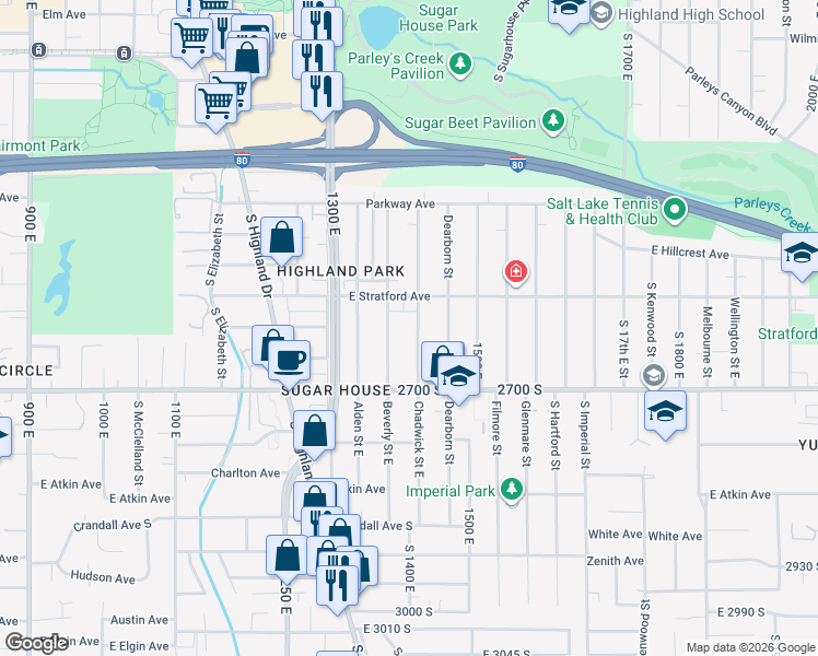 map of restaurants, bars, coffee shops, grocery stores, and more near 2640 Chadwick Street East in Salt Lake City