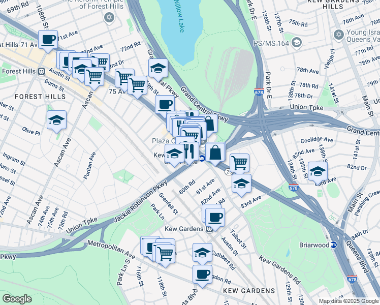 map of restaurants, bars, coffee shops, grocery stores, and more near 118-24 Queens Boulevard in Queens