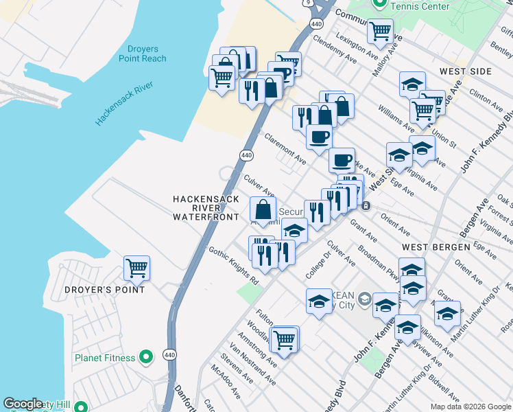 map of restaurants, bars, coffee shops, grocery stores, and more near 93 Fisk Street in Jersey City