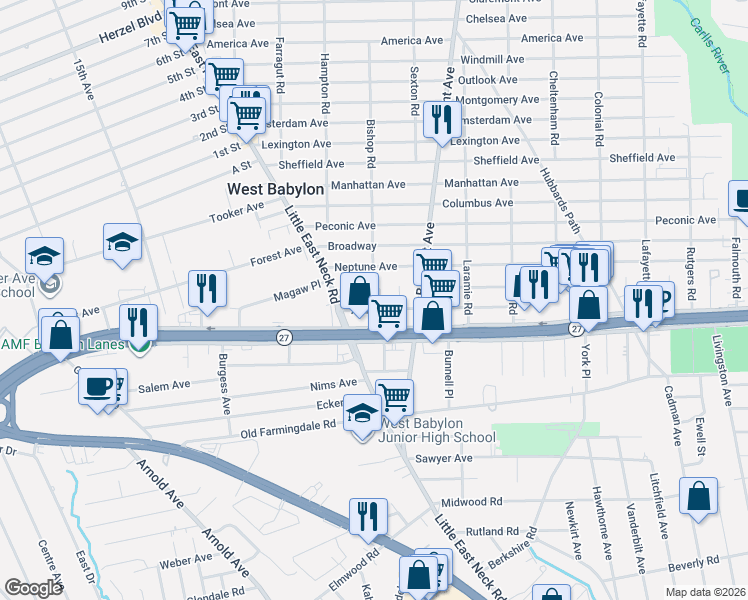 map of restaurants, bars, coffee shops, grocery stores, and more near 47 Jerome Avenue in West Babylon