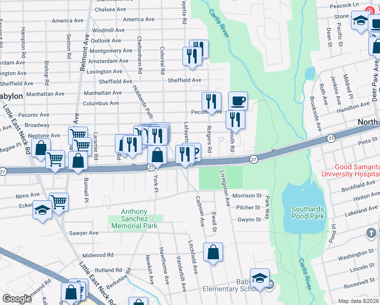 map of restaurants, bars, coffee shops, grocery stores, and more near 11 Lafayette Road in West Babylon