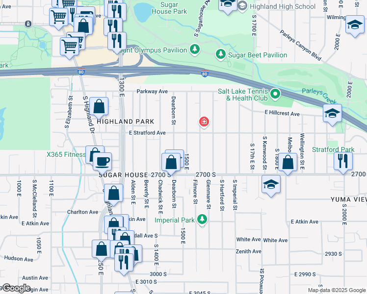 map of restaurants, bars, coffee shops, grocery stores, and more near 2642 South 1500 East in Salt Lake City