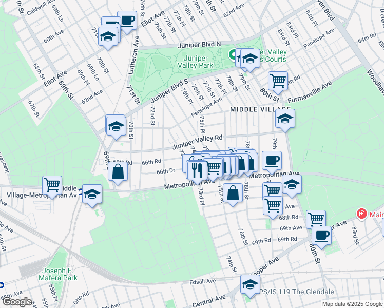 map of restaurants, bars, coffee shops, grocery stores, and more near 66-24 74th Street in Queens