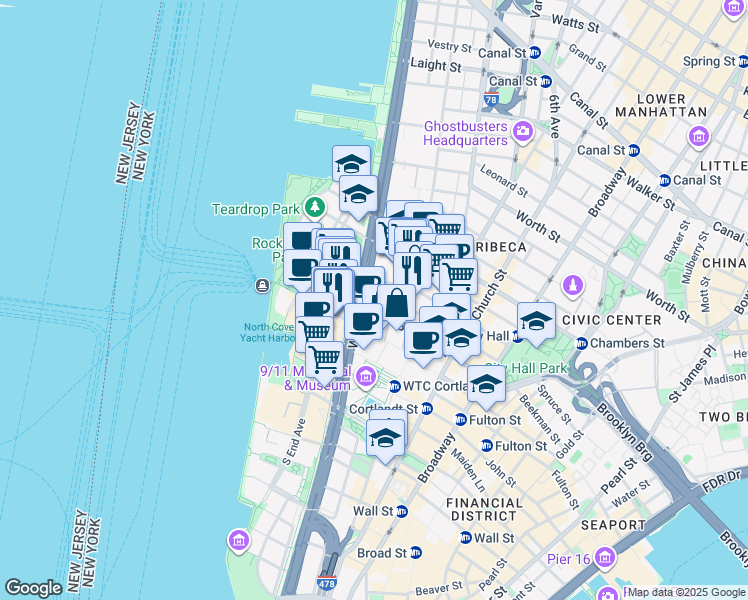 map of restaurants, bars, coffee shops, grocery stores, and more near 125 Barclay Street in New York