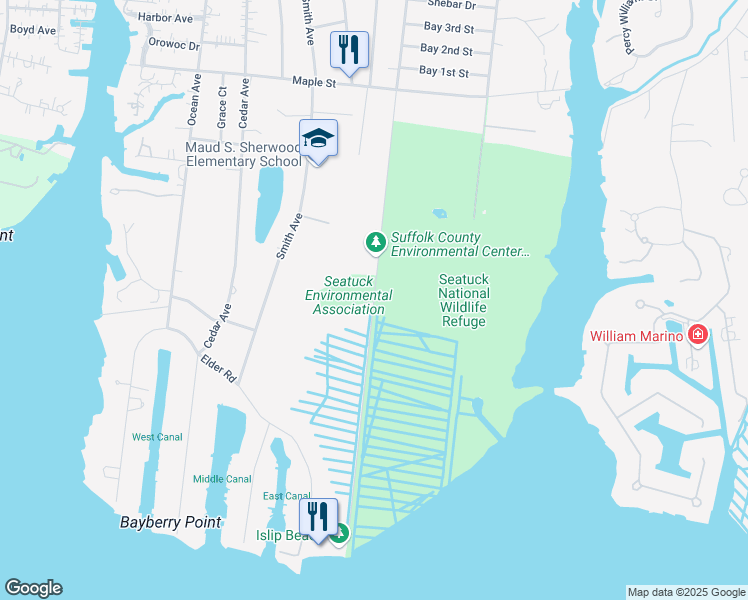 map of restaurants, bars, coffee shops, grocery stores, and more near 550 South Bay Avenue in Islip