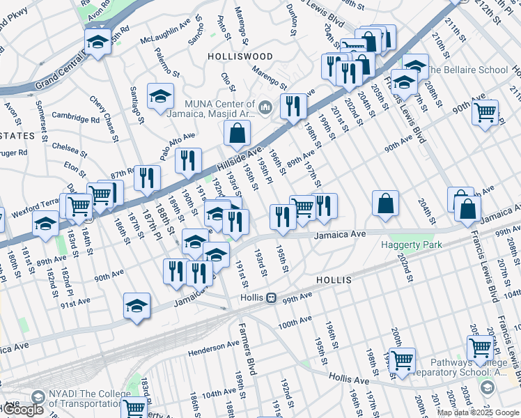 map of restaurants, bars, coffee shops, grocery stores, and more near 88-90 195th Street in Queens