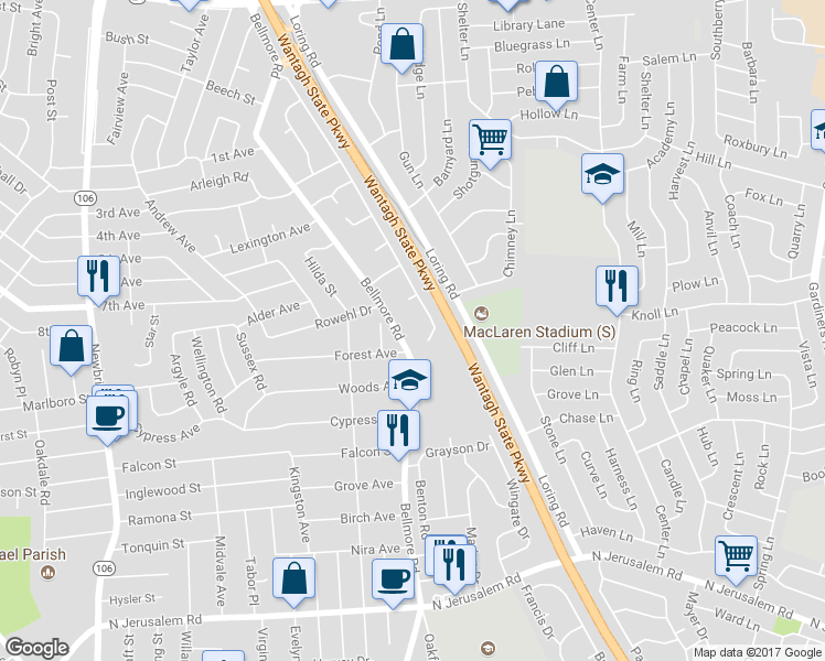 map of restaurants, bars, coffee shops, grocery stores, and more near 391 Bellmore Road in East Meadow