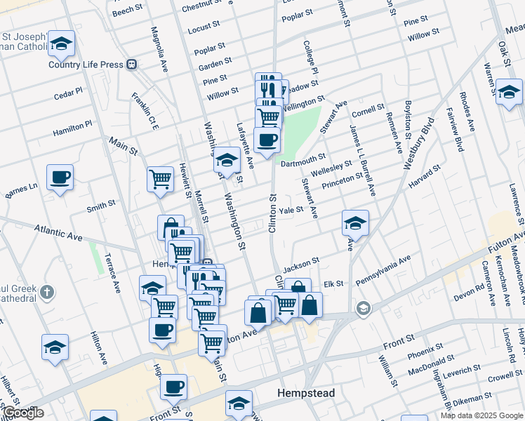map of restaurants, bars, coffee shops, grocery stores, and more near 89 Lent Avenue in Hempstead