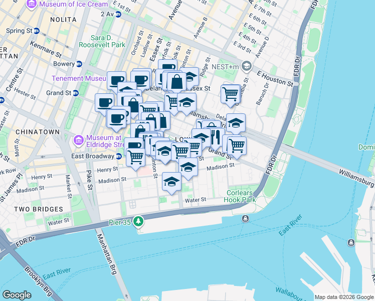 map of restaurants, bars, coffee shops, grocery stores, and more near in New York