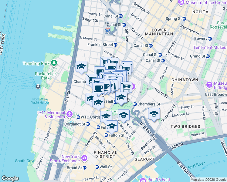 map of restaurants, bars, coffee shops, grocery stores, and more near 84 Chambers Street in New York