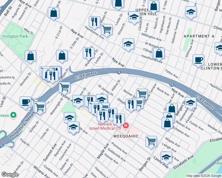 map of restaurants, bars, coffee shops, grocery stores, and more near 36 Aldine Street in Newark