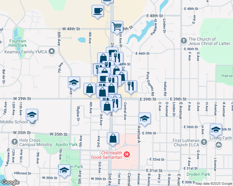 map of restaurants, bars, coffee shops, grocery stores, and more near 3905 2nd Avenue in Kearney