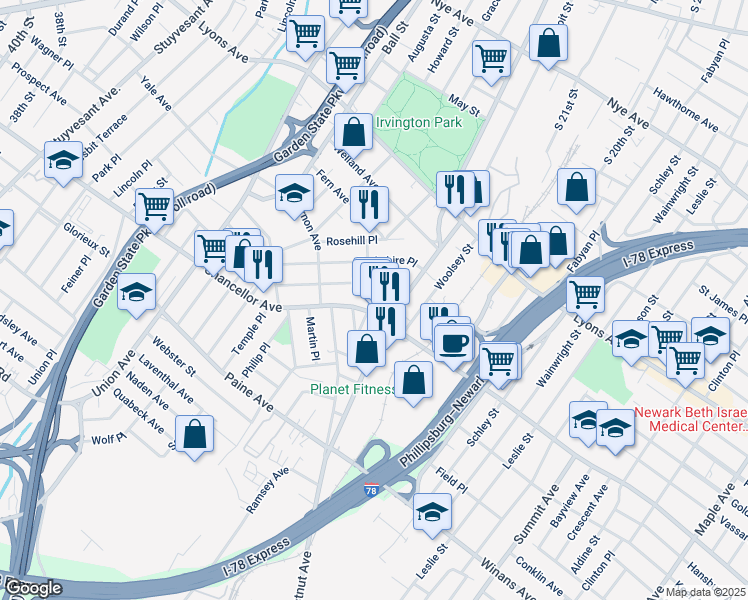 map of restaurants, bars, coffee shops, grocery stores, and more near 47 Norwood Avenue in Irvington