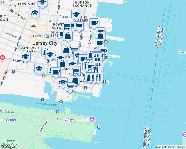 map of restaurants, bars, coffee shops, grocery stores, and more near 70 Hudson Street in Jersey City