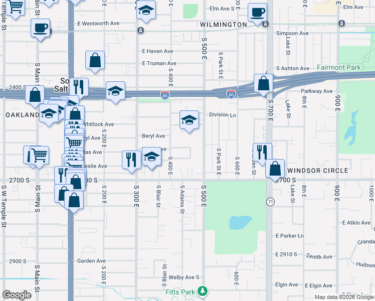map of restaurants, bars, coffee shops, grocery stores, and more near 420 Vidas Avenue in Salt Lake City