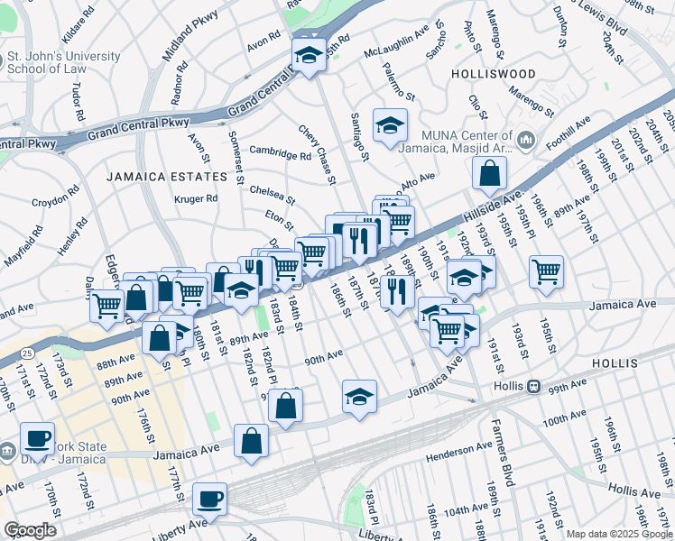 map of restaurants, bars, coffee shops, grocery stores, and more near Hillside Avenue & Chelsea Street in Queens