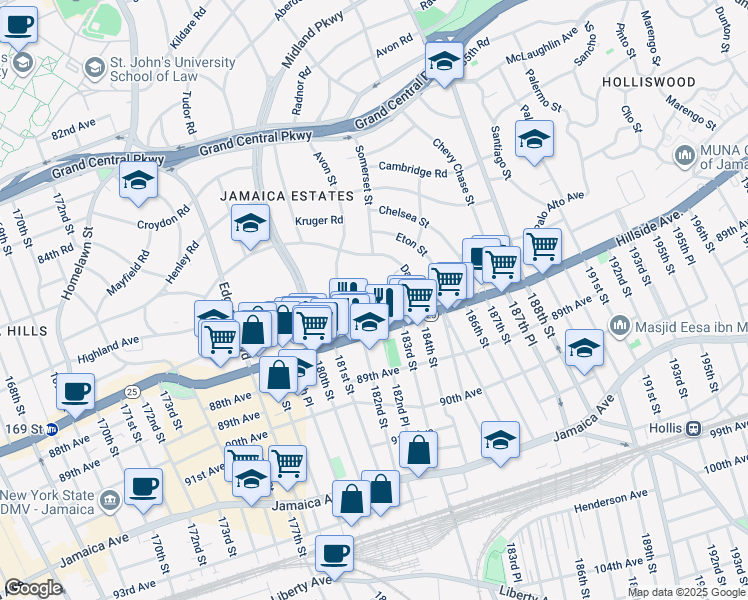 map of restaurants, bars, coffee shops, grocery stores, and more near 182-30 Wexford Terrace in Queens
