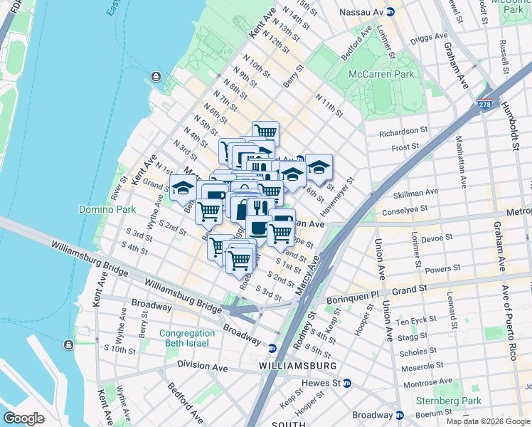map of restaurants, bars, coffee shops, grocery stores, and more near 663A Driggs Avenue in Brooklyn