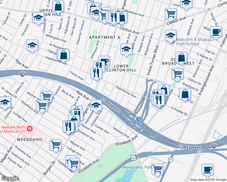 map of restaurants, bars, coffee shops, grocery stores, and more near 358 Peshine Avenue in Newark