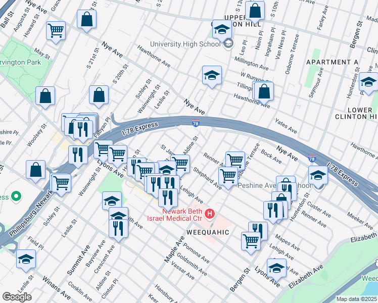 map of restaurants, bars, coffee shops, grocery stores, and more near 36 Aldine Street in Newark