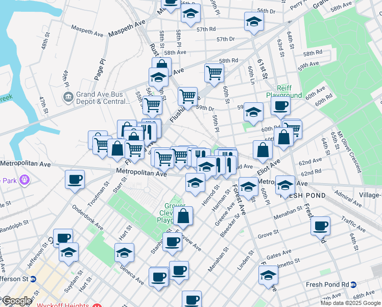 map of restaurants, bars, coffee shops, grocery stores, and more near 60-85 55th Street in Queens