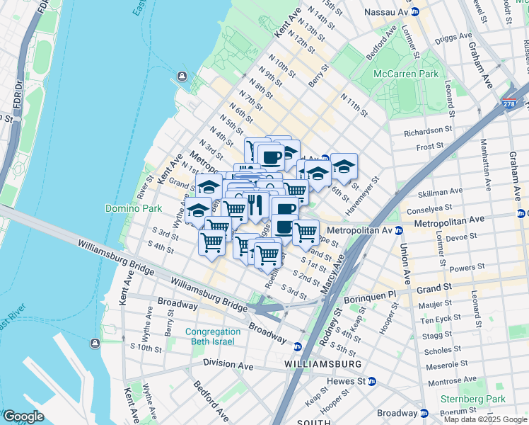 map of restaurants, bars, coffee shops, grocery stores, and more near 172 North 1st Street in Brooklyn