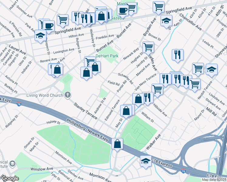 map of restaurants, bars, coffee shops, grocery stores, and more near 2093 Melrose Parkway in Union