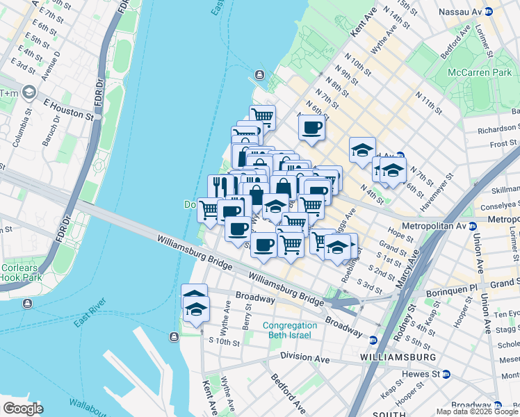 map of restaurants, bars, coffee shops, grocery stores, and more near 337 Wythe Avenue in Brooklyn