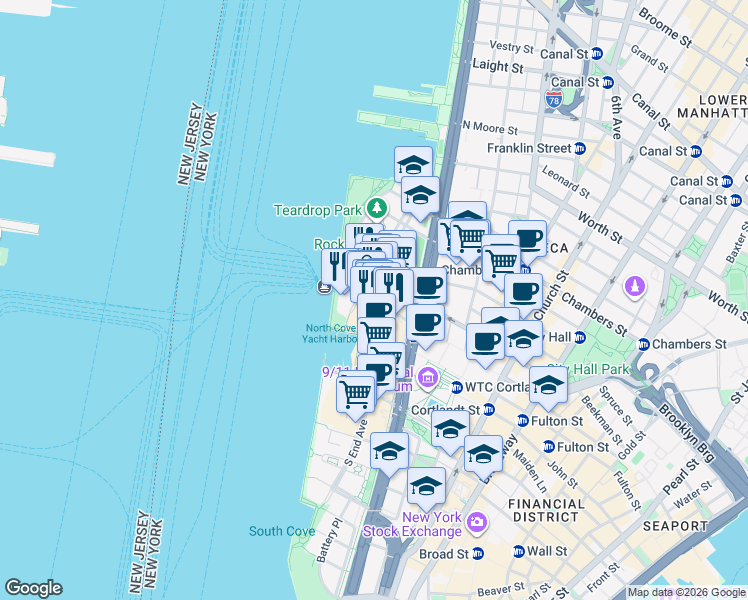 map of restaurants, bars, coffee shops, grocery stores, and more near Vesey Street in New York