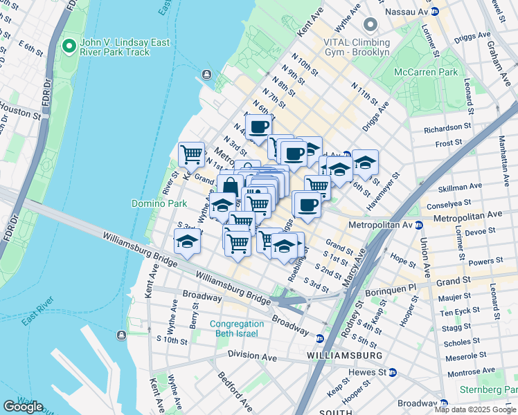 map of restaurants, bars, coffee shops, grocery stores, and more near 160 Grand Street in Brooklyn