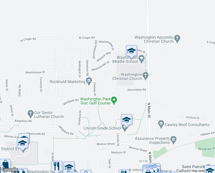 map of restaurants, bars, coffee shops, grocery stores, and more near 505 Devonshire Road in Washington