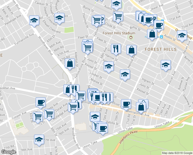 map of restaurants, bars, coffee shops, grocery stores, and more near 68-16 Loubet Street in Queens
