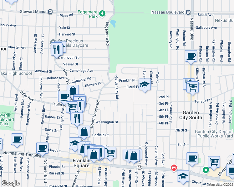 map of restaurants, bars, coffee shops, grocery stores, and more near 200 Garden City Road in Franklin Square