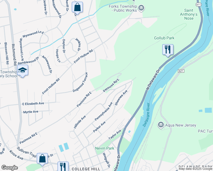 map of restaurants, bars, coffee shops, grocery stores, and more near 535 Paxinosa Road East in Easton