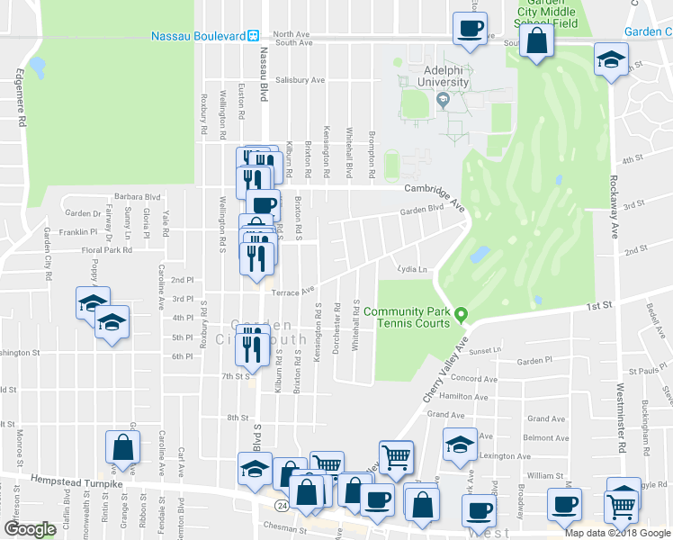 map of restaurants, bars, coffee shops, grocery stores, and more near 506 Terrace Avenue in Garden City