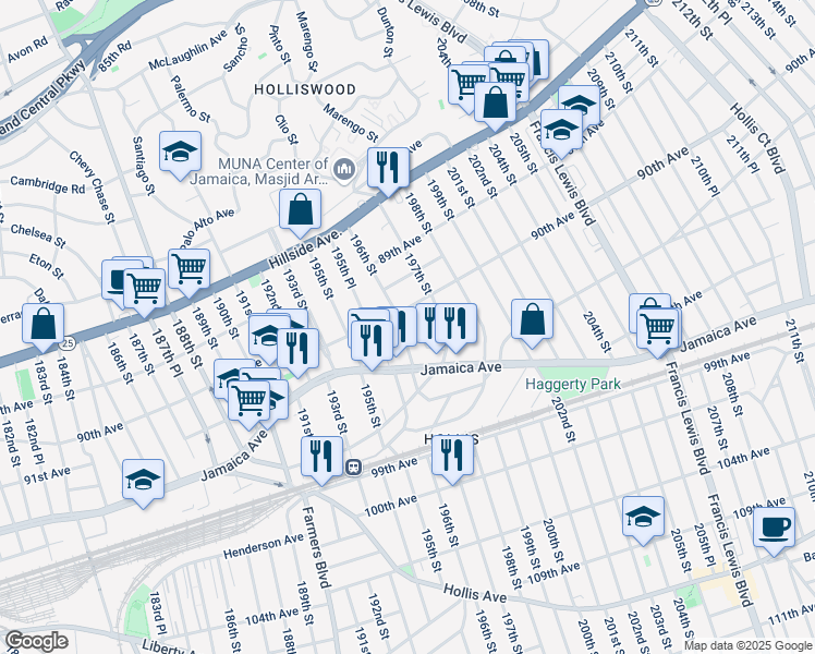 map of restaurants, bars, coffee shops, grocery stores, and more near 90-15 196th Street in Queens