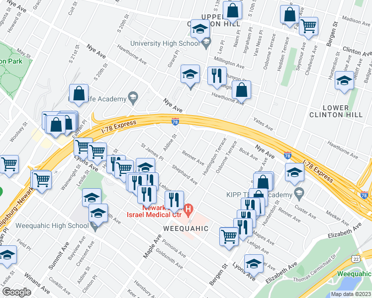 map of restaurants, bars, coffee shops, grocery stores, and more near 325 Renner Avenue in Newark