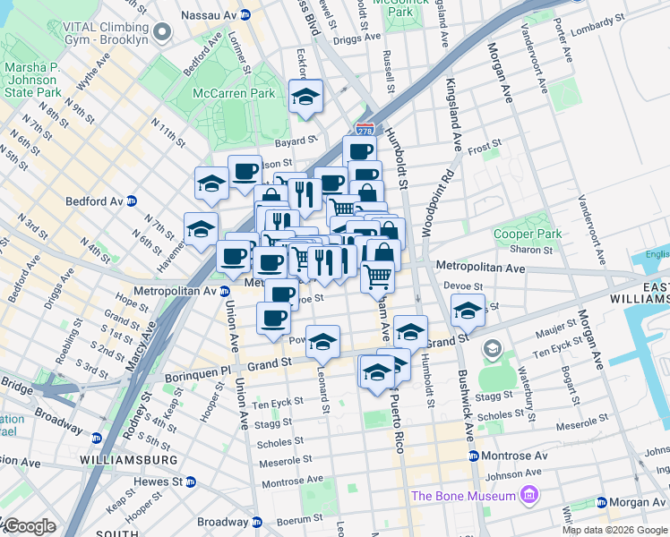 map of restaurants, bars, coffee shops, grocery stores, and more near 677 Metropolitan Avenue in Brooklyn