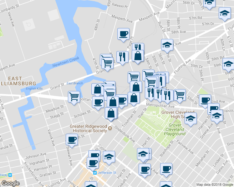 map of restaurants, bars, coffee shops, grocery stores, and more near 47 Metropolitan Avenue in Queens