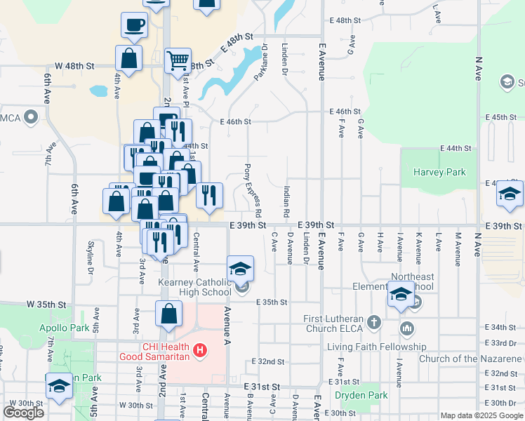 map of restaurants, bars, coffee shops, grocery stores, and more near 3911 Pony Express Road in Kearney