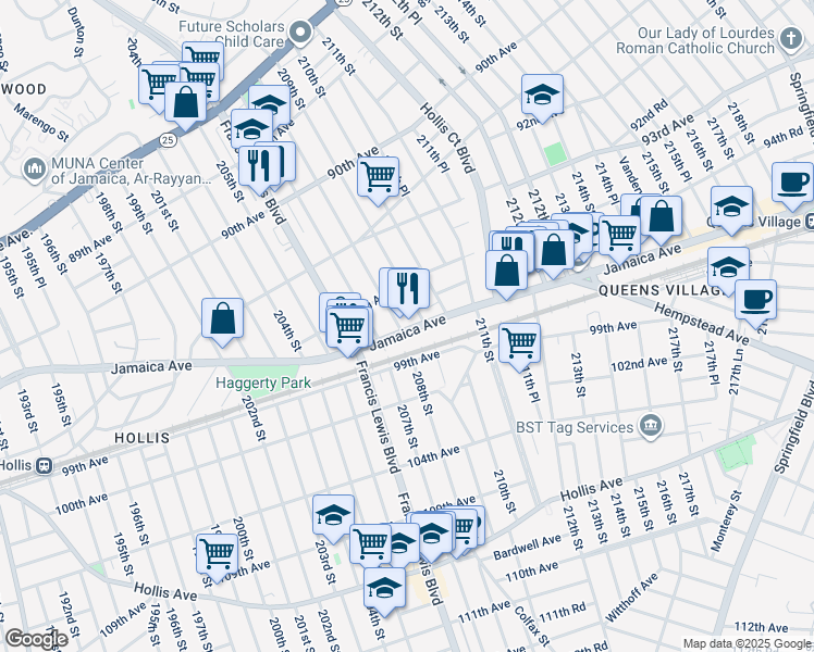 map of restaurants, bars, coffee shops, grocery stores, and more near 208-05 Jamaica Avenue in Queens