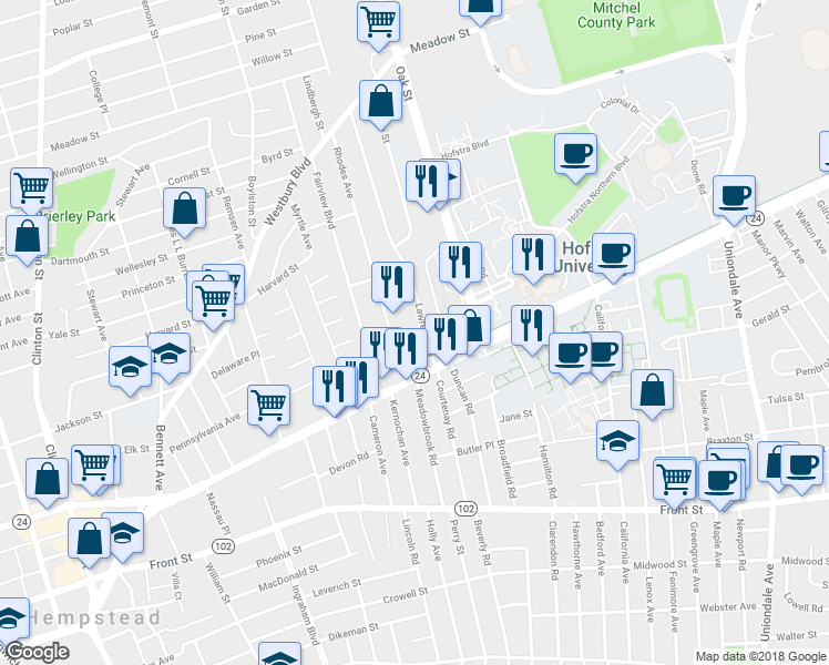 map of restaurants, bars, coffee shops, grocery stores, and more near 41 Lawrence Street in Uniondale