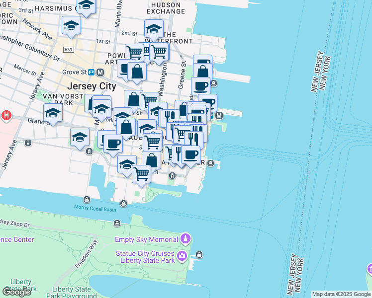 map of restaurants, bars, coffee shops, grocery stores, and more near 77 Hudson Street in Jersey City