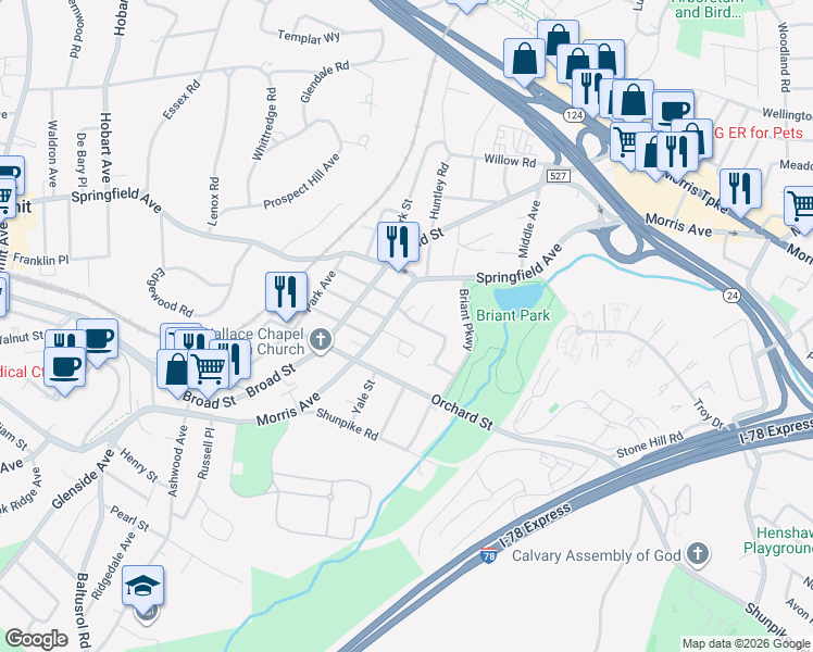 map of restaurants, bars, coffee shops, grocery stores, and more near 7 Edison Drive in Summit