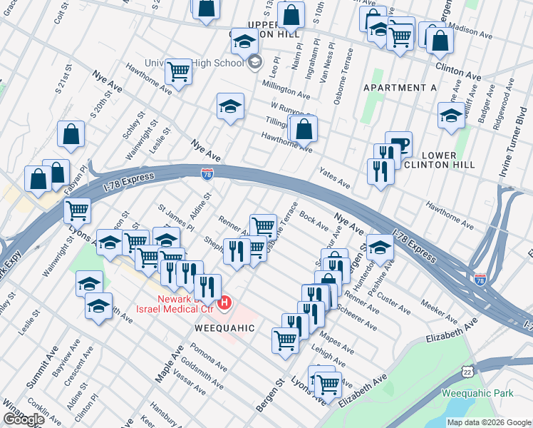 map of restaurants, bars, coffee shops, grocery stores, and more near 88 Huntington Terrace in Newark