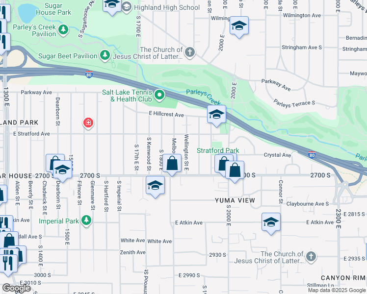 map of restaurants, bars, coffee shops, grocery stores, and more near 2640 Wellington Street East in Salt Lake City