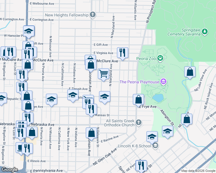 map of restaurants, bars, coffee shops, grocery stores, and more near 2201 North Maryland Street in Peoria