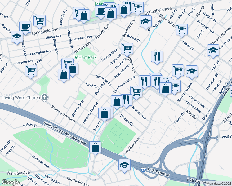 map of restaurants, bars, coffee shops, grocery stores, and more near 66 Van Ness Terrace in Maplewood