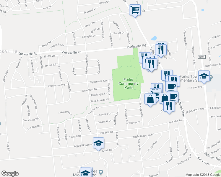 map of restaurants, bars, coffee shops, grocery stores, and more near 1837 Pin Oak Lane in Easton