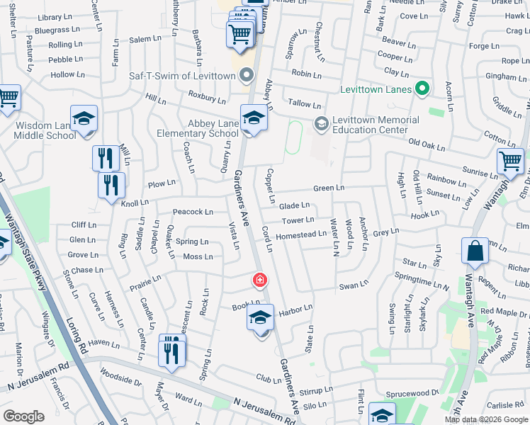 map of restaurants, bars, coffee shops, grocery stores, and more near 39 Cord Ln in Levittown